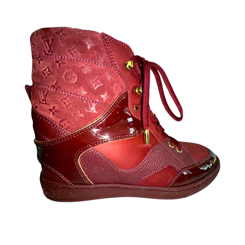 LOUIS VUITTON Bordeaux Monogram Suede Leather Cliff Top Wedge Sneakers .